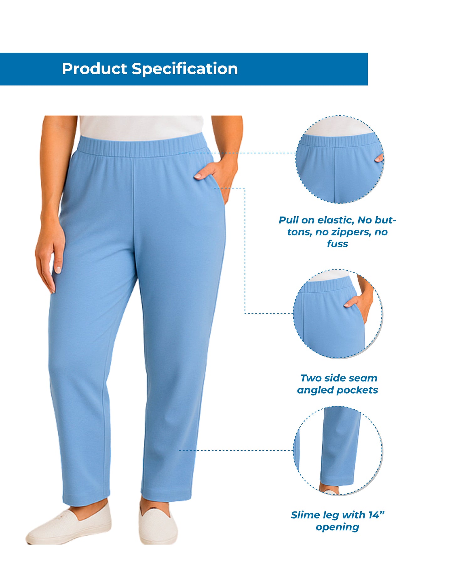 Women's Knit Pull on Pants - Cotton Blend with Flat Front waistband